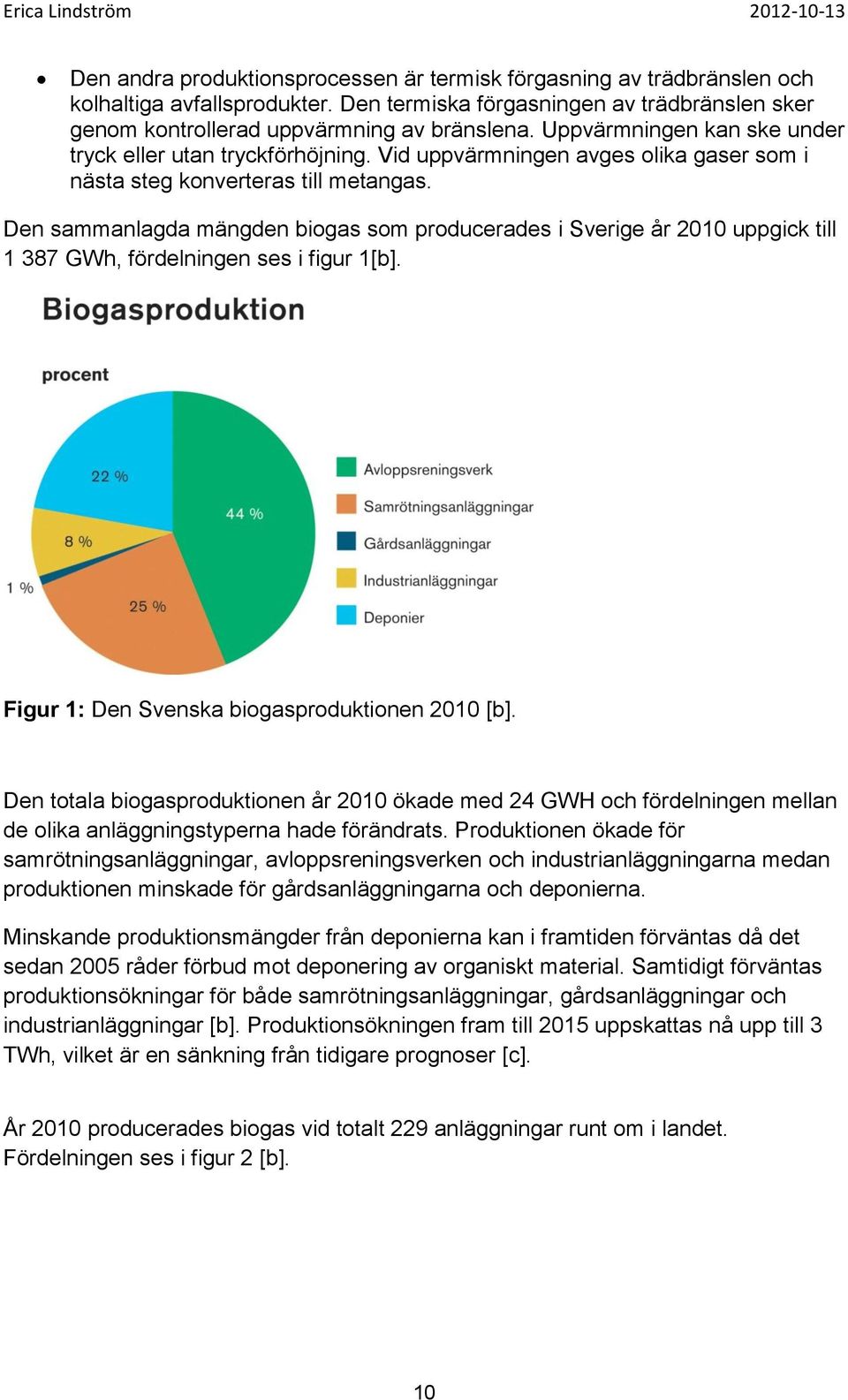 Den sammanlagda mängden biogas som producerades i Sverige år 2010 uppgick till 1 387 GWh, fördelningen ses i figur 1[b]. Figur 1: Den Svenska biogasproduktionen 2010 [b].