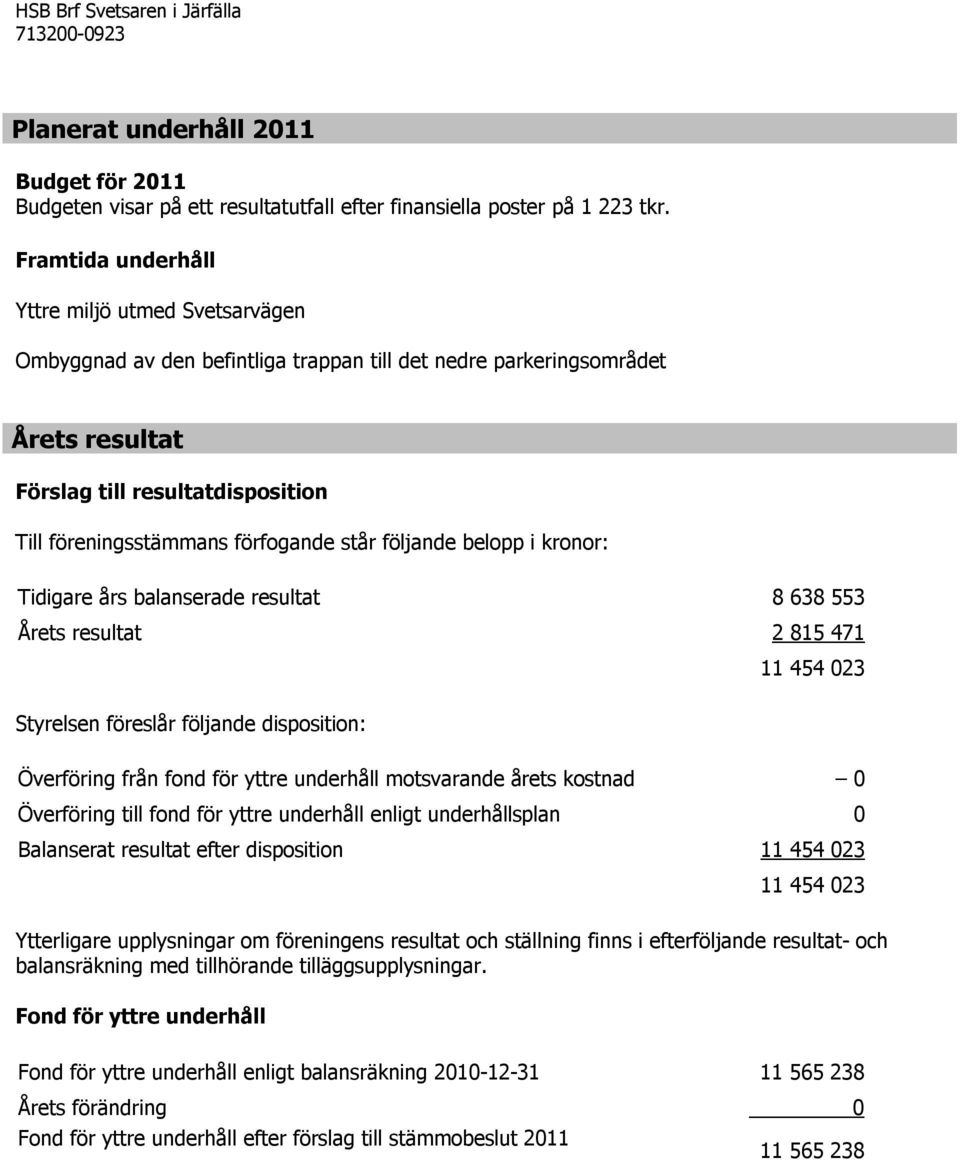 förfogande står följande belopp i kronor: Tidigare års balanserade resultat 8 638 553 Årets resultat 2 815 471 11 454 023 Styrelsen föreslår följande disposition: Överföring från fond för yttre