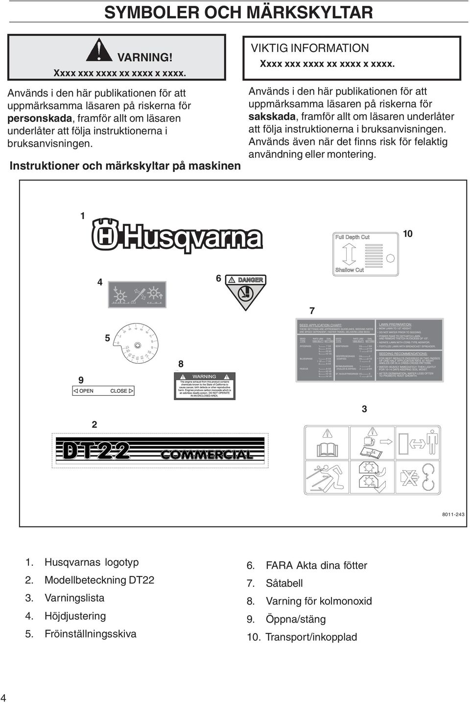 Instruktioner och märkskyltar på maskinen VIKTIG INFORMATION Xxxx xxx xxxx xx xxxx x xxxx.