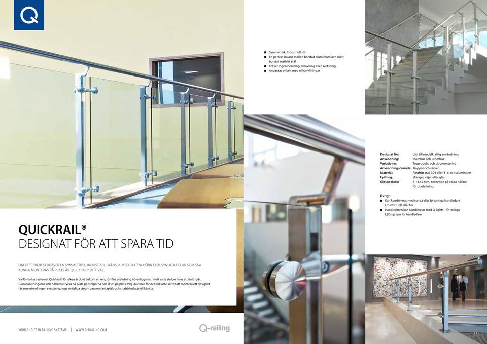 kombineras med runda eller fyrkantiga handledare i rostfritt stål eller trä Handledaren kan kombineras med Q-lights Q-railings LED-system för handledare QUICKRAIL DESIGNAT FÖR ATT SPARA TID OM DITT