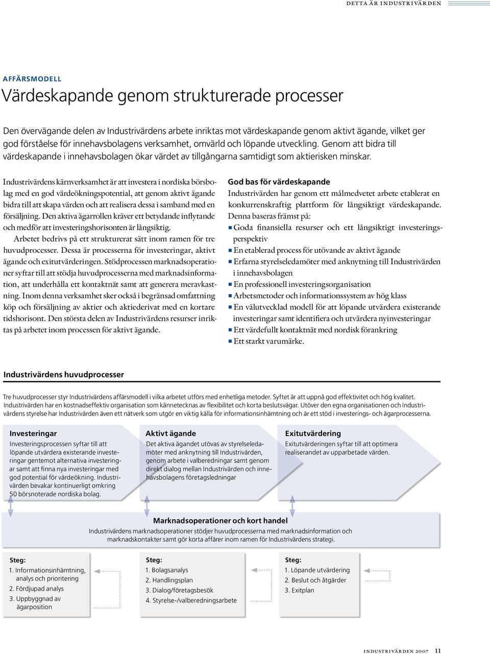 Industrivärdens kärnverksamhet är att investera i nordiska börsbolag med en god värdeökningspotential, att genom aktivt ägande bidra till att skapa värden och att realisera dessa i samband med en