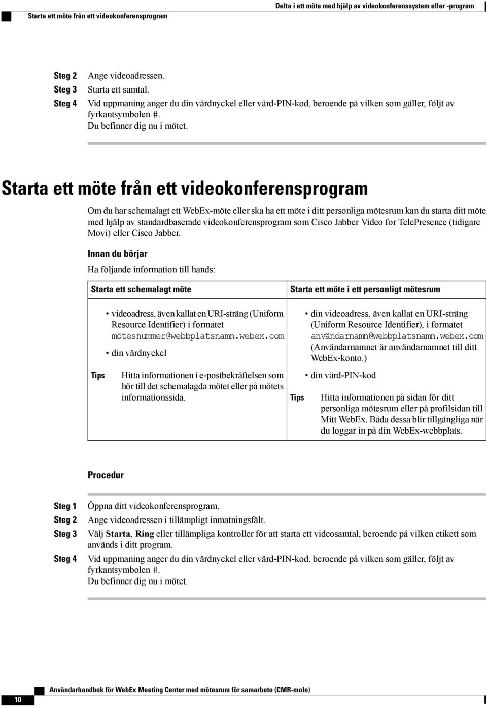 Starta ett möte från ett videokonferensprogram Om du har schemalagt ett WebEx-möte eller ska ha ett möte i ditt personliga mötesrum kan du starta ditt möte med hjälp av standardbaserade