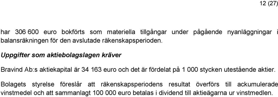 Uppgifter som aktiebolagslagen kräver Bravind Ab:s aktiekapital är 34 163 euro och det är fördelat på 1 000 stycken