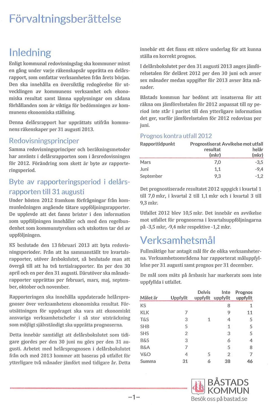 eknmiska ställning. Denna delårsrapprt har upprättats utifrån kmmunens räkenskaper per 31 augusti 2013.