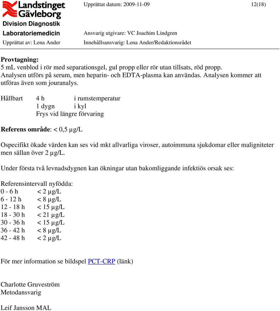 Hållbart 4 h i rumstemperatur 1 dygn i kyl Frys vid längre förvaring Referens område: < 0,5 µg/l Ospecifikt ökade värden kan ses vid mkt allvarliga viroser, autoimmuna sjukdomar eller