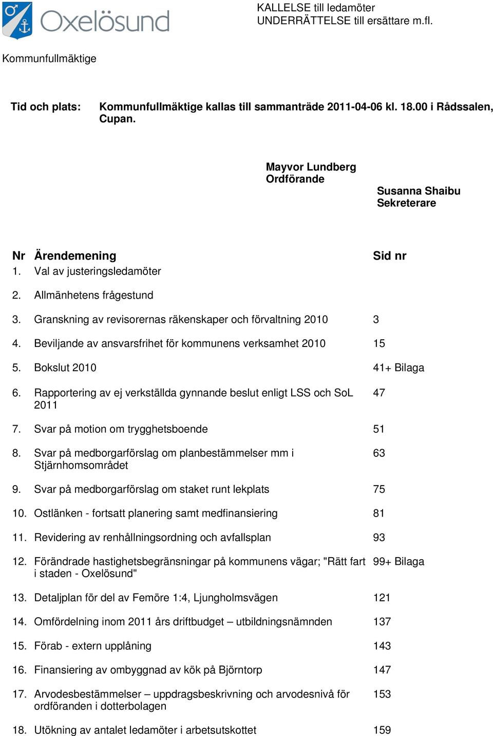 Granskning av revisorernas räkenskaper och förvaltning 2010 3 4. Beviljande av ansvarsfrihet för kommunens verksamhet 2010 15 5. Bokslut 2010 41+ Bilaga 6.