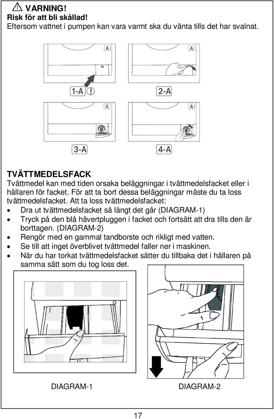 Att ta loss tvättmedelsfacket: Dra ut tvättmedelsfacket så långt det går (DIAGRAM-1) Tryck på den blå hävertpluggen i facket och fortsätt att dra tills den är borttagen.