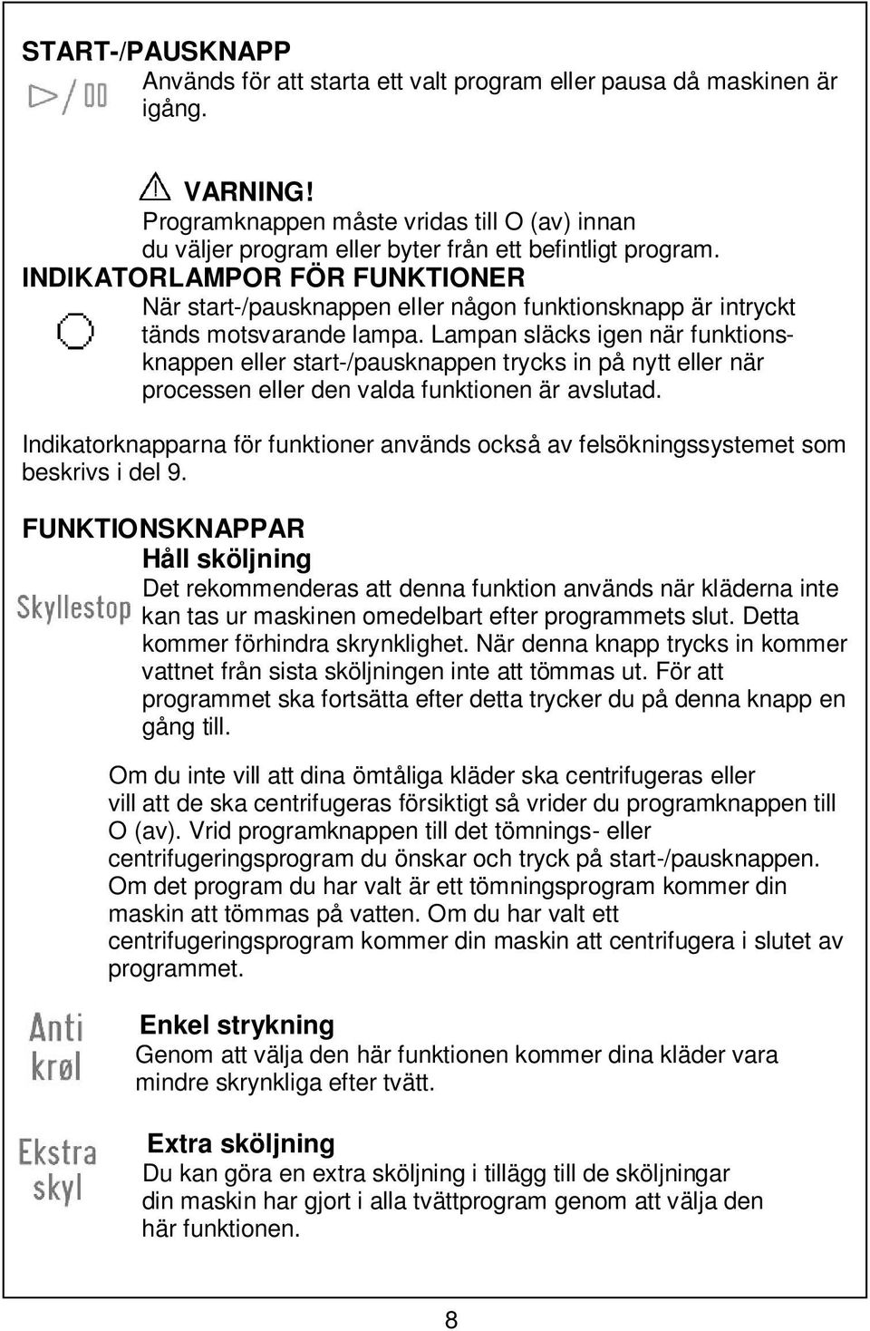 INDIKATORLAMPOR FÖR FUNKTIONER När start-/pausknappen eller någon funktionsknapp är intryckt tänds motsvarande lampa.