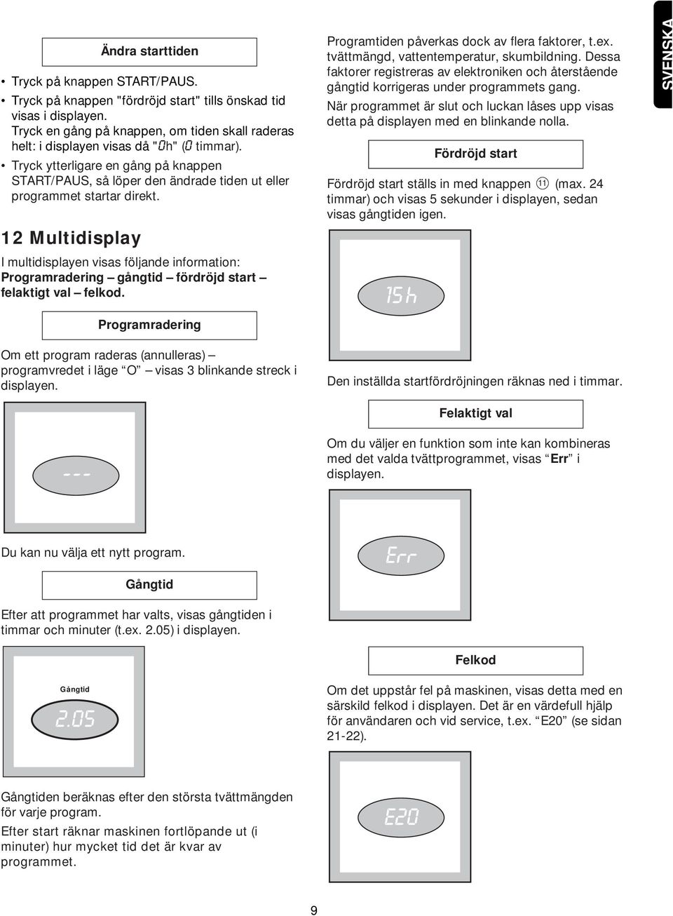 12 Multidisplay Ändra starttiden I multidisplayen visas följande information: Programradering gångtid fördröjd start felaktigt val felkod. Programtiden påverkas dock av flera faktorer, t.ex.