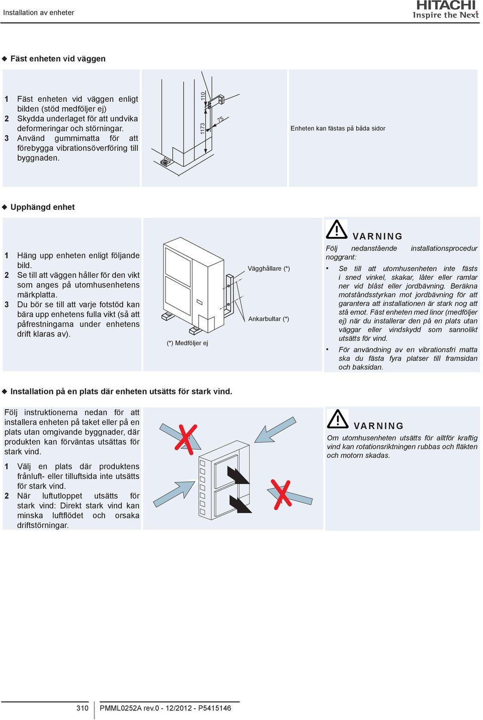 1173 110 75 Enheten kan fästas på båda sidor Upphängd enhet Följ nedanstående installationsprocedur noggrant: Se till att utomhusenheten inte fästs i sned vinkel, skakar, låter eller ramlar ner vid