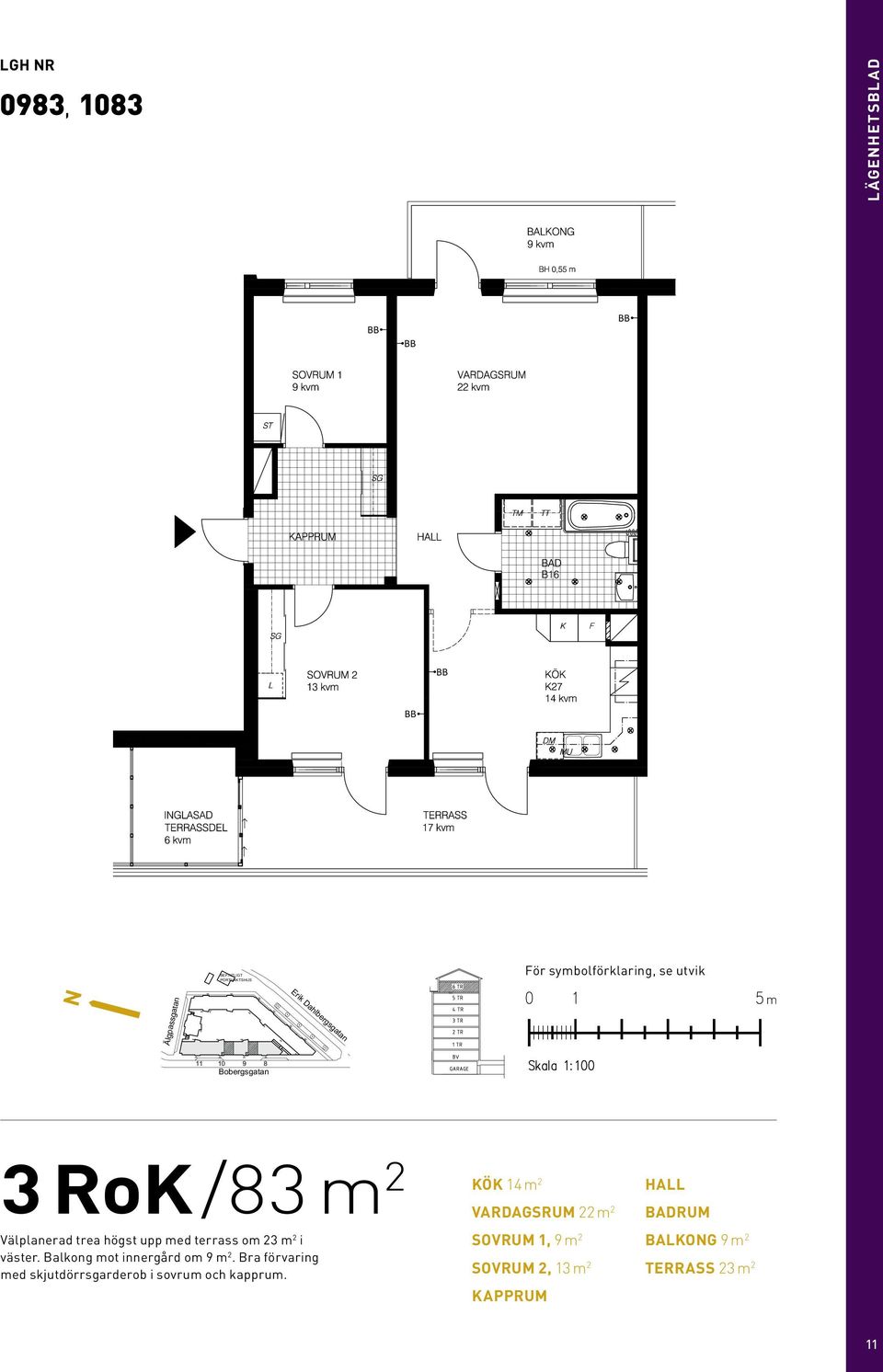 utvik N m 3 rok/83 m 2 Välplanerad trea högst upp med terrass om 23 m 2 i väster.