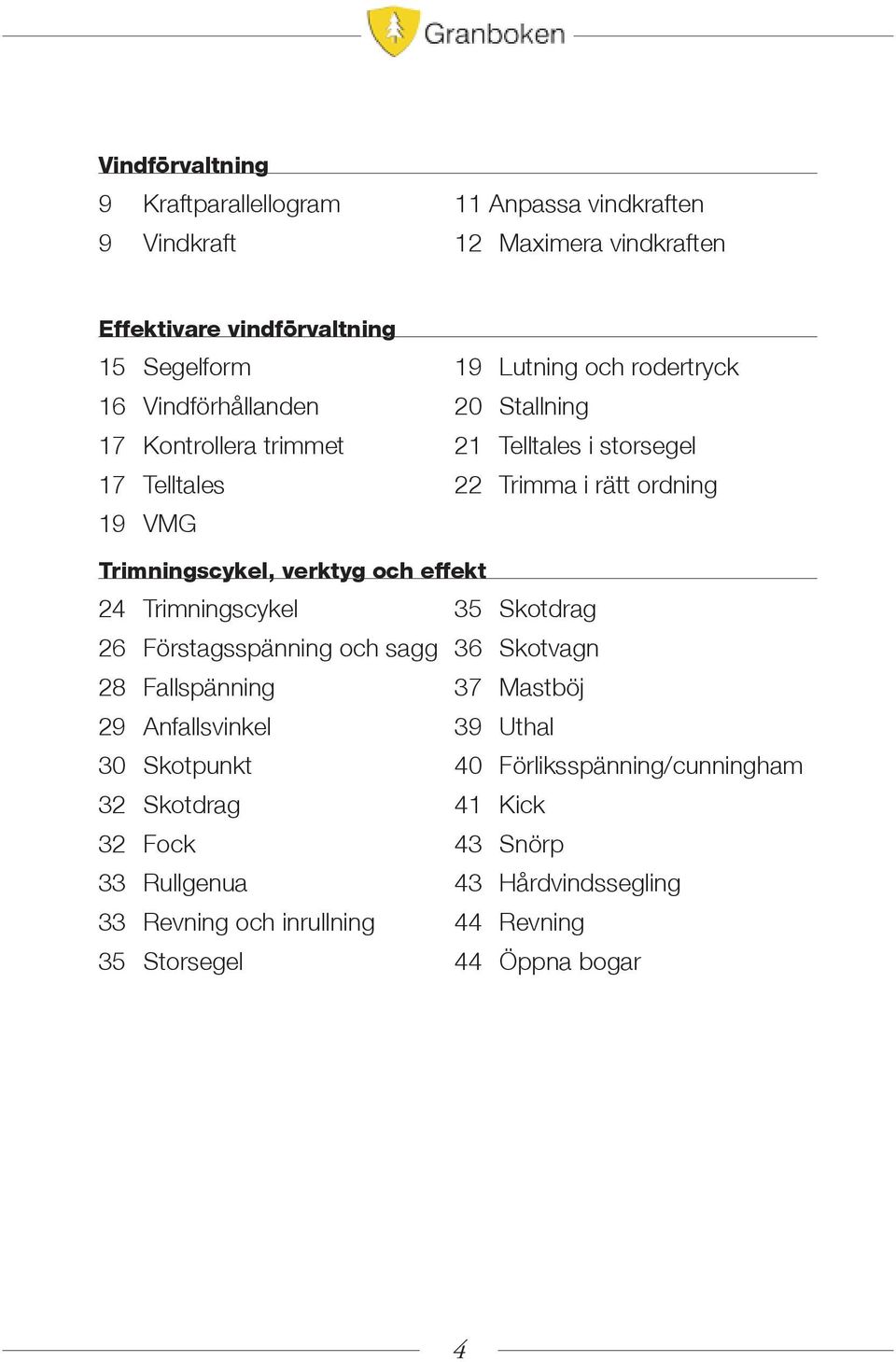 verktyg och effekt 24 Trimningscykel 35 Skotdrag 26 Förstagsspänning och sagg 36 Skotvagn 28 Fallspänning 37 Mastböj 29 Anfallsvinkel 39 Uthal 30 Skotpunkt