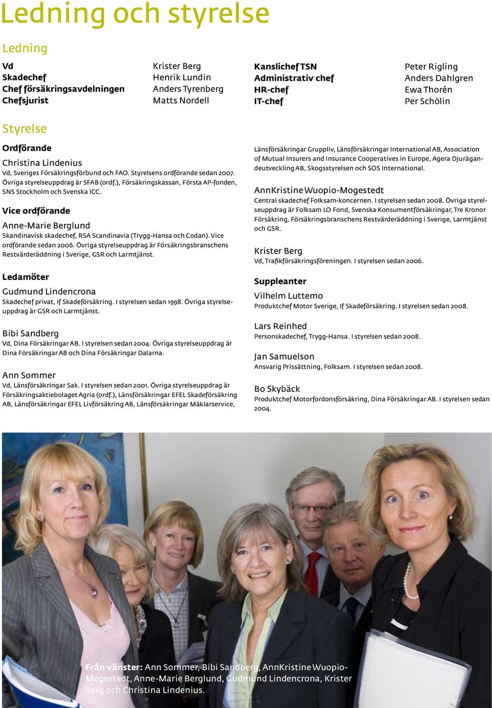 ), Försäkringskassan, Första AP-fonden, SNS Stockholm och Svenska ICC. Vice ordförande Anne-Marie Berglund Skandinavisk skadechef, RSA Scandinavia (Trygg-Hansa och Codan). Vice ordförande sedan 2006.