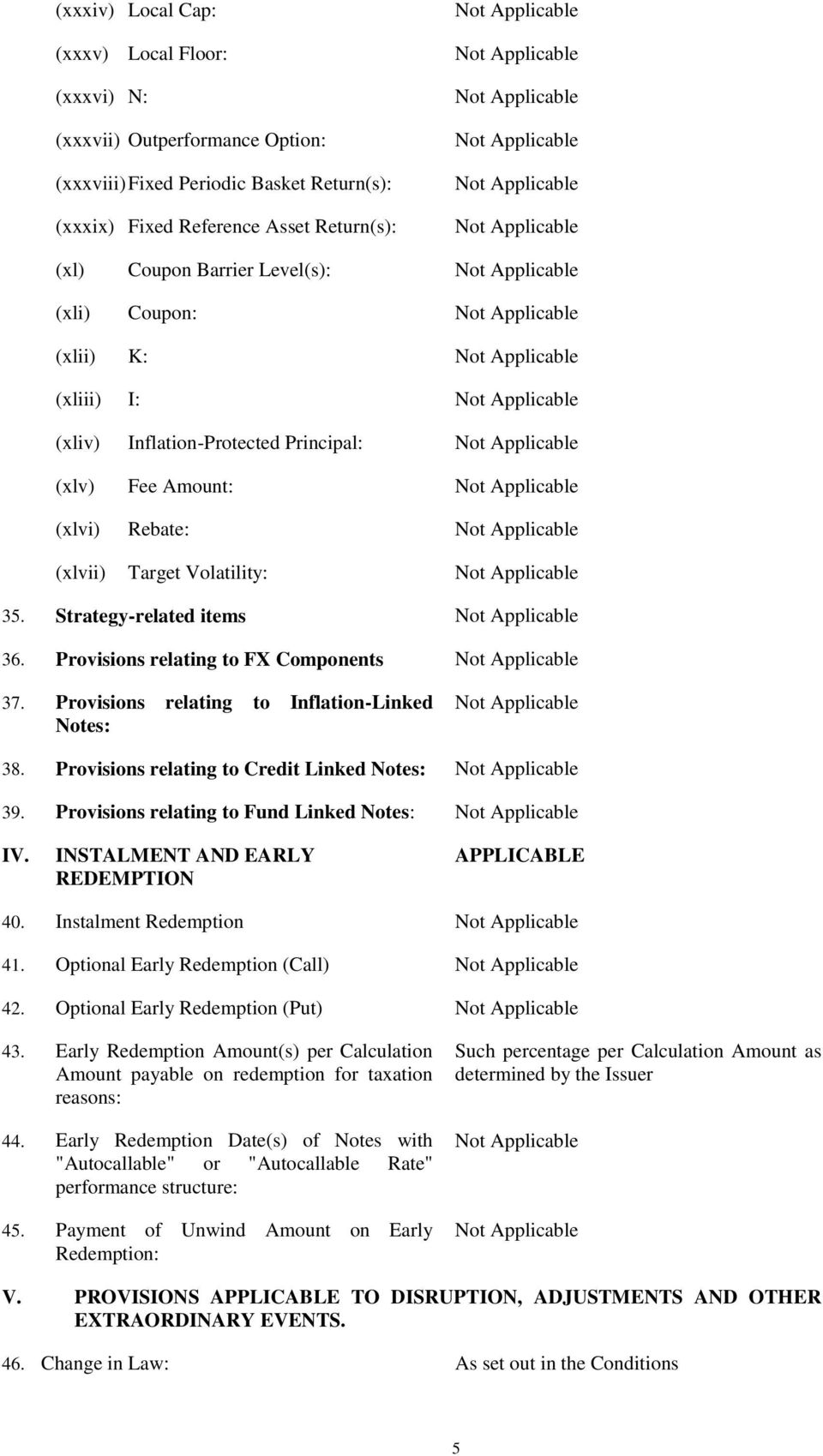 Provisions relating to FX Components 37. Provisions relating to Inflation-Linked Notes: 38. Provisions relating to Credit Linked Notes: 39. Provisions relating to Fund Linked Notes: IV.