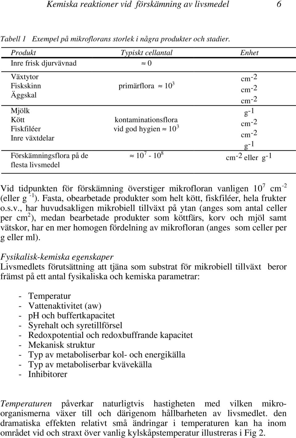 kontaminationsflora vid god hygien 10 3 10 7-10 8 g -1 cm -2 cm -2 g -1 cm -2 eller g -1 Vid tidpunkten för förskämning överstiger mikrofloran vanligen 10 7 cm -2 (eller g -1 ).