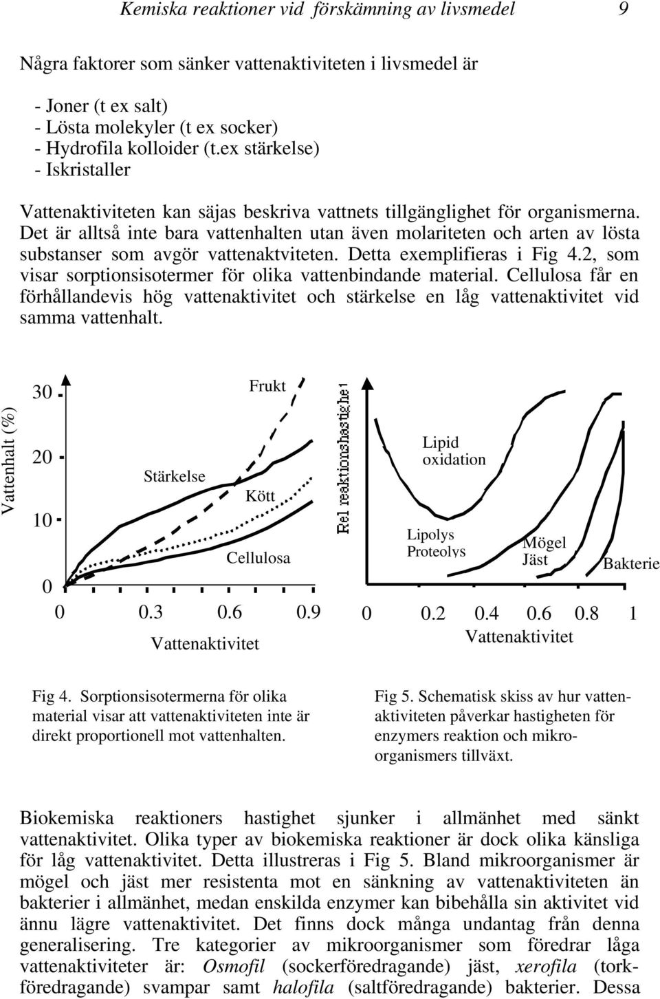 Det är alltså inte bara vattenhalten utan även molariteten och arten av lösta substanser som avgör vattenaktviteten. Detta exemplifieras i Fig 4.