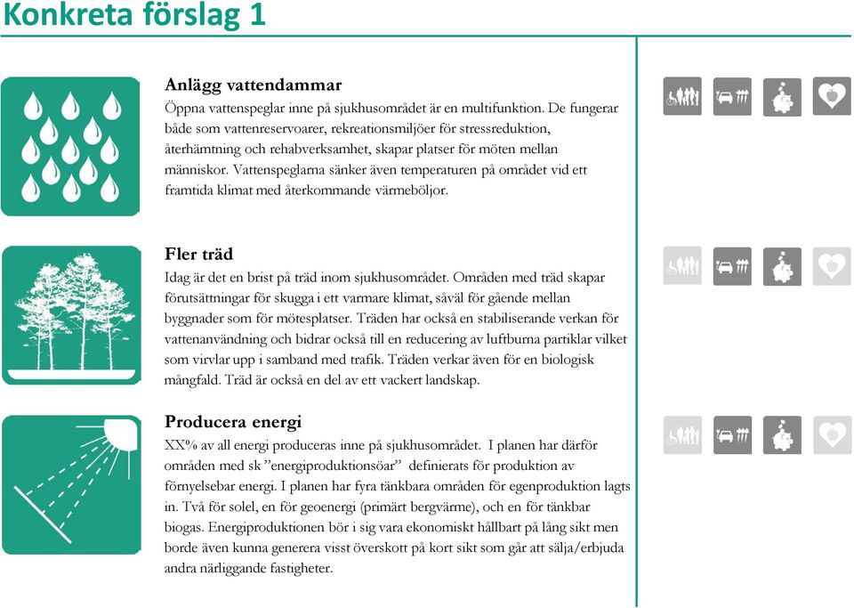 Vattenspeglarna sänker även temperaturen på området vid ett framtida klimat med återkommande värmeböljor. Fler träd Idag är det en brist på träd inom sjukhusområdet.