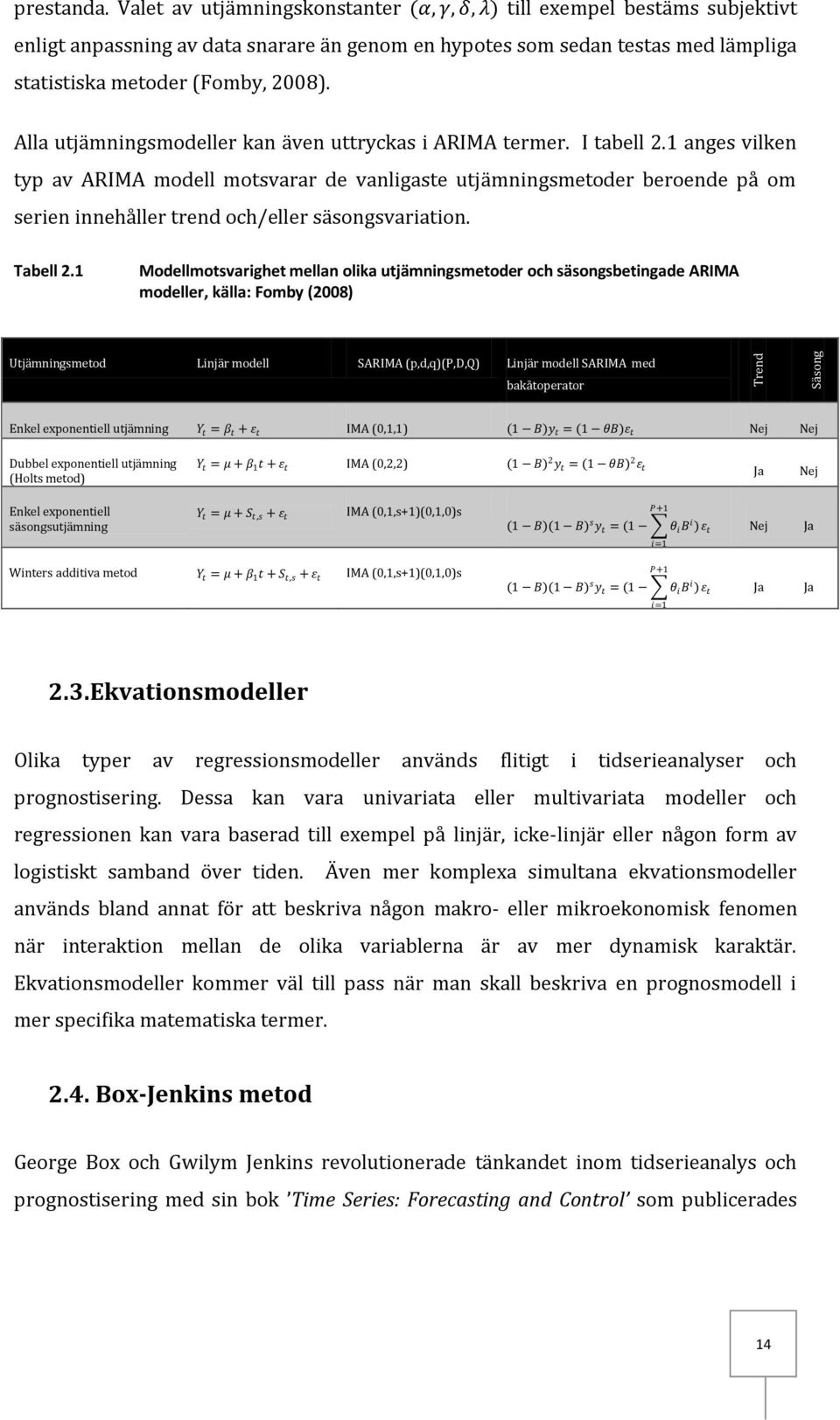 Alla utjämningsmodeller kan även uttryckas i ARIMA termer. I tabell 2.