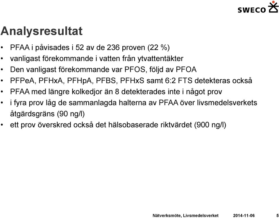 längre kolkedjor än 8 detekterades inte i något prov i fyra prov låg de sammanlagda halterna av PFAA över