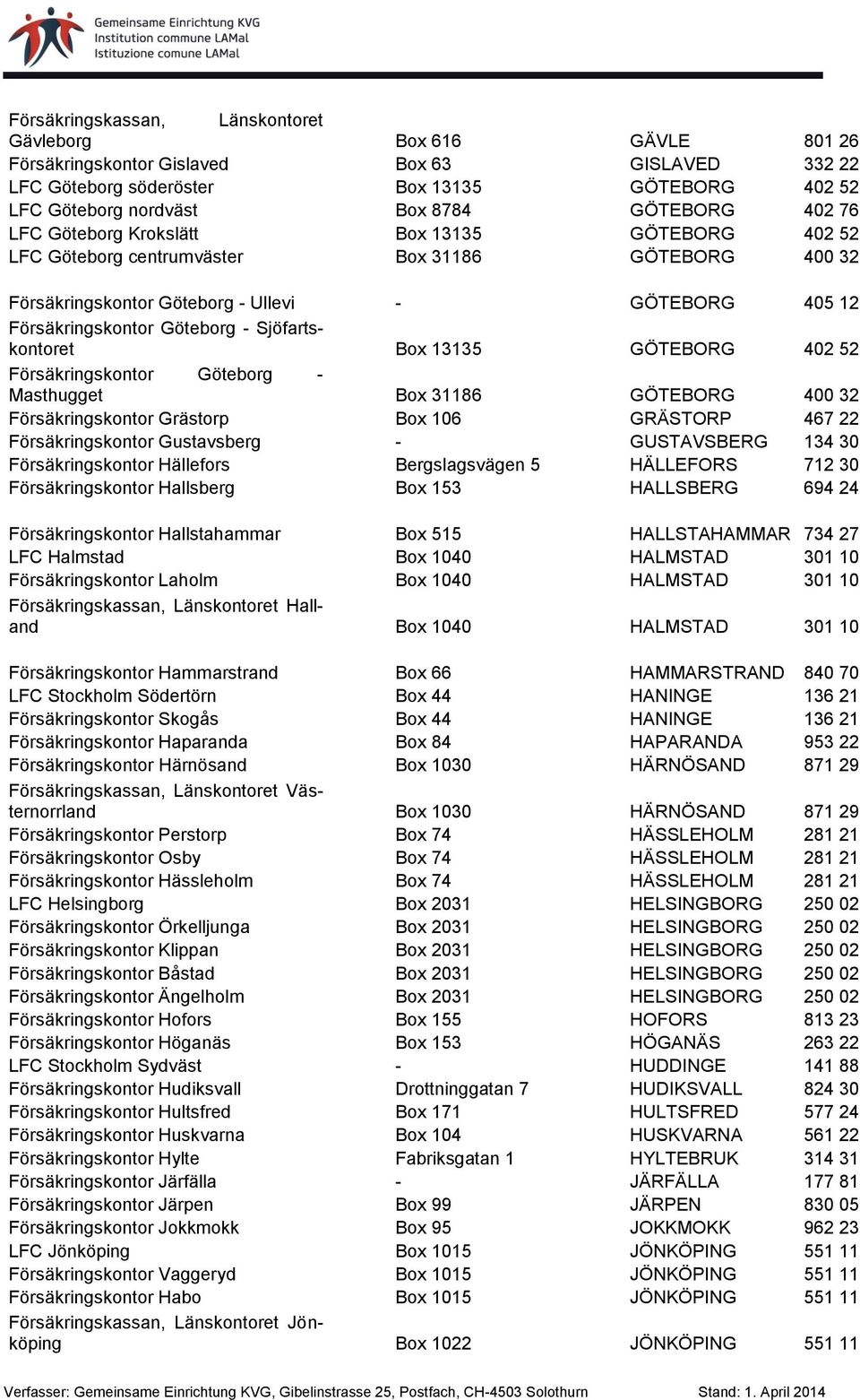 GÖTEBORG 402 52 Försäkringskontor Göteborg - Masthugget Box 31186 GÖTEBORG 400 32 Försäkringskontor Grästorp Box 106 GRÄSTORP 467 22 Försäkringskontor Gustavsberg - GUSTAVSBERG 134 30