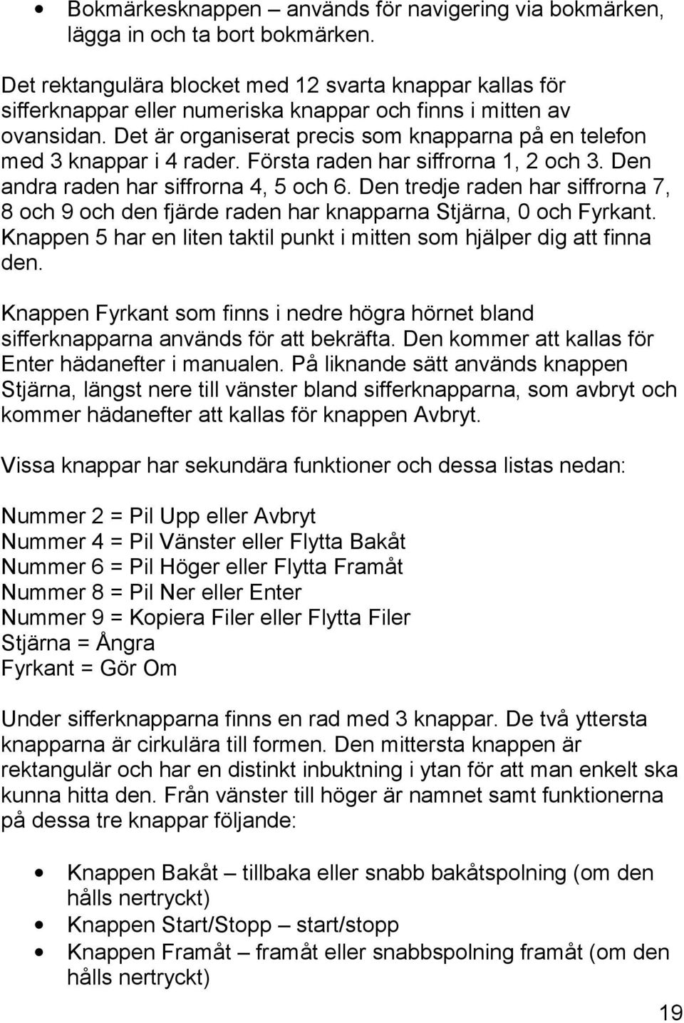 Det är organiserat precis som knapparna på en telefon med 3 knappar i 4 rader. Första raden har siffrorna 1, 2 och 3. Den andra raden har siffrorna 4, 5 och 6.