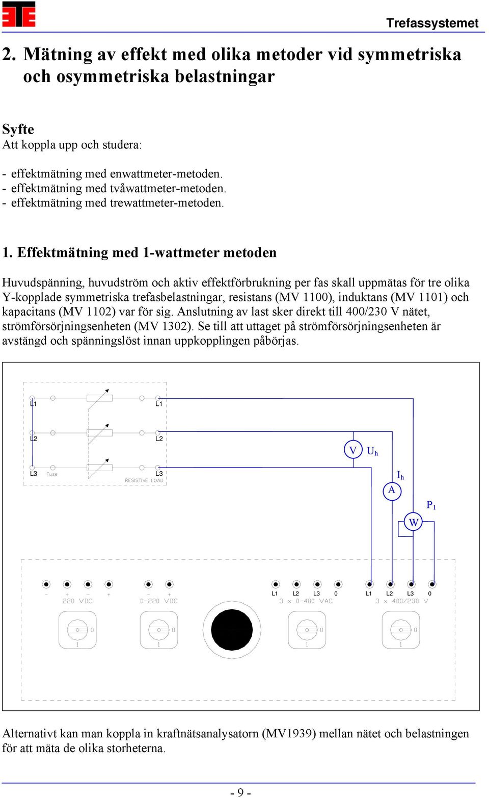 Effektmätning med 1-wattmeter metoden Huvudspänning, huvudström och aktiv effektförbrukning per fas skall uppmätas för tre olika Y-kopplade symmetriska trefasbelastningar, resistans (MV 1100),