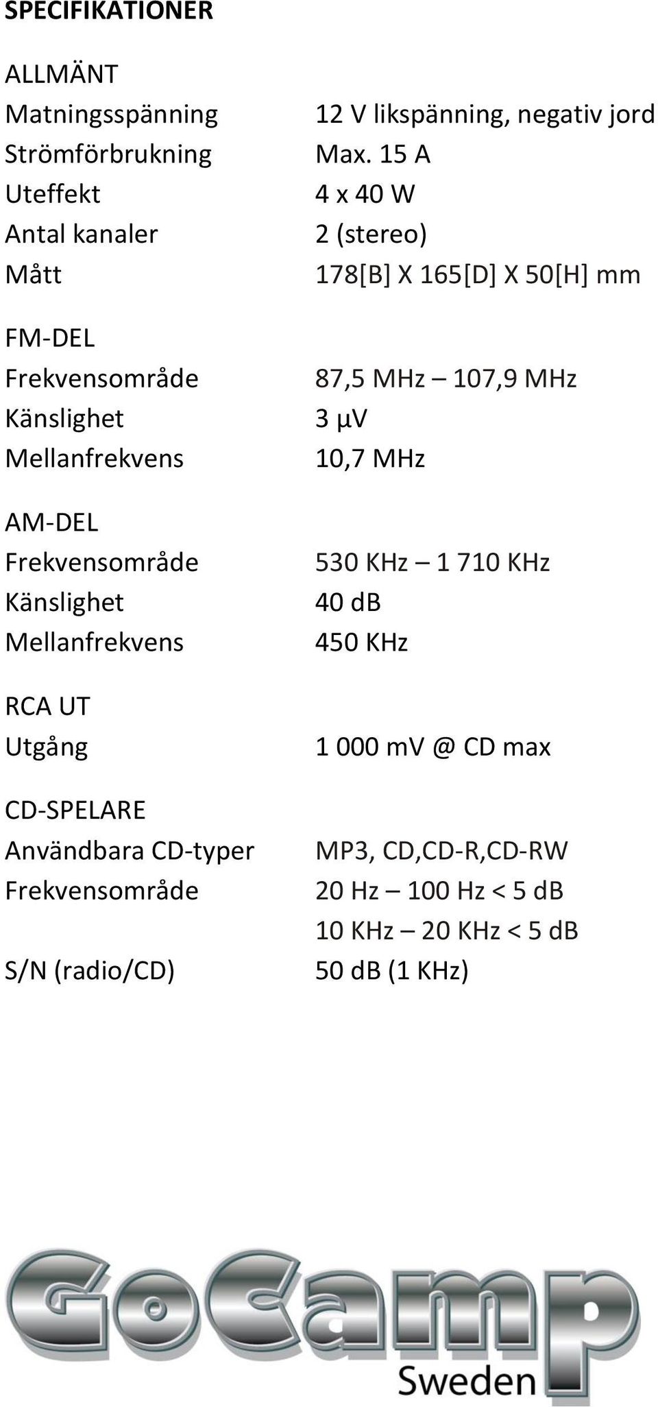 10,7 MHz AM-DEL Frekvensområde Känslighet Mellanfrekvens RCA UT Utgång CD-SPELARE Användbara CD-typer Frekvensområde S/N