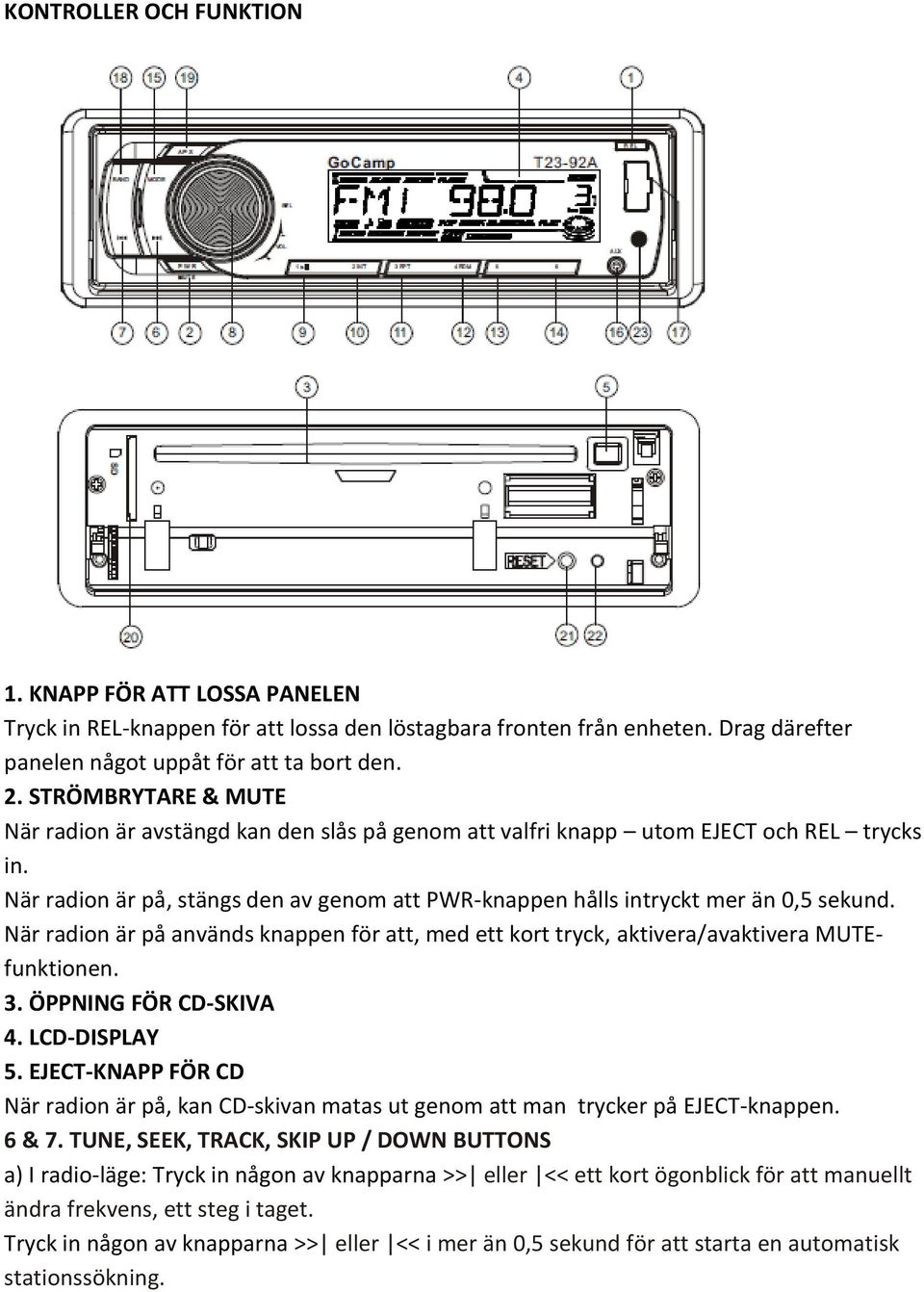 När radion är på används knappen för att, med ett kort tryck, aktivera/avaktivera MUTEfunktionen. 3. ÖPPNING FÖR CD-SKIVA 4. LCD-DISPLAY 5.