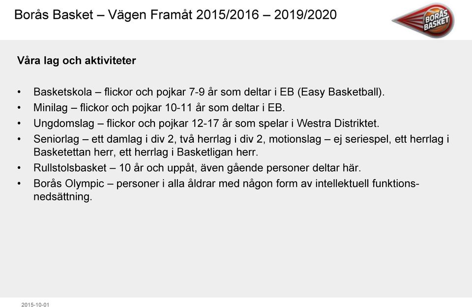 Seniorlag ett damlag i div 2, två herrlag i div 2, motionslag ej seriespel, ett herrlag i Basketettan herr, ett herrlag i