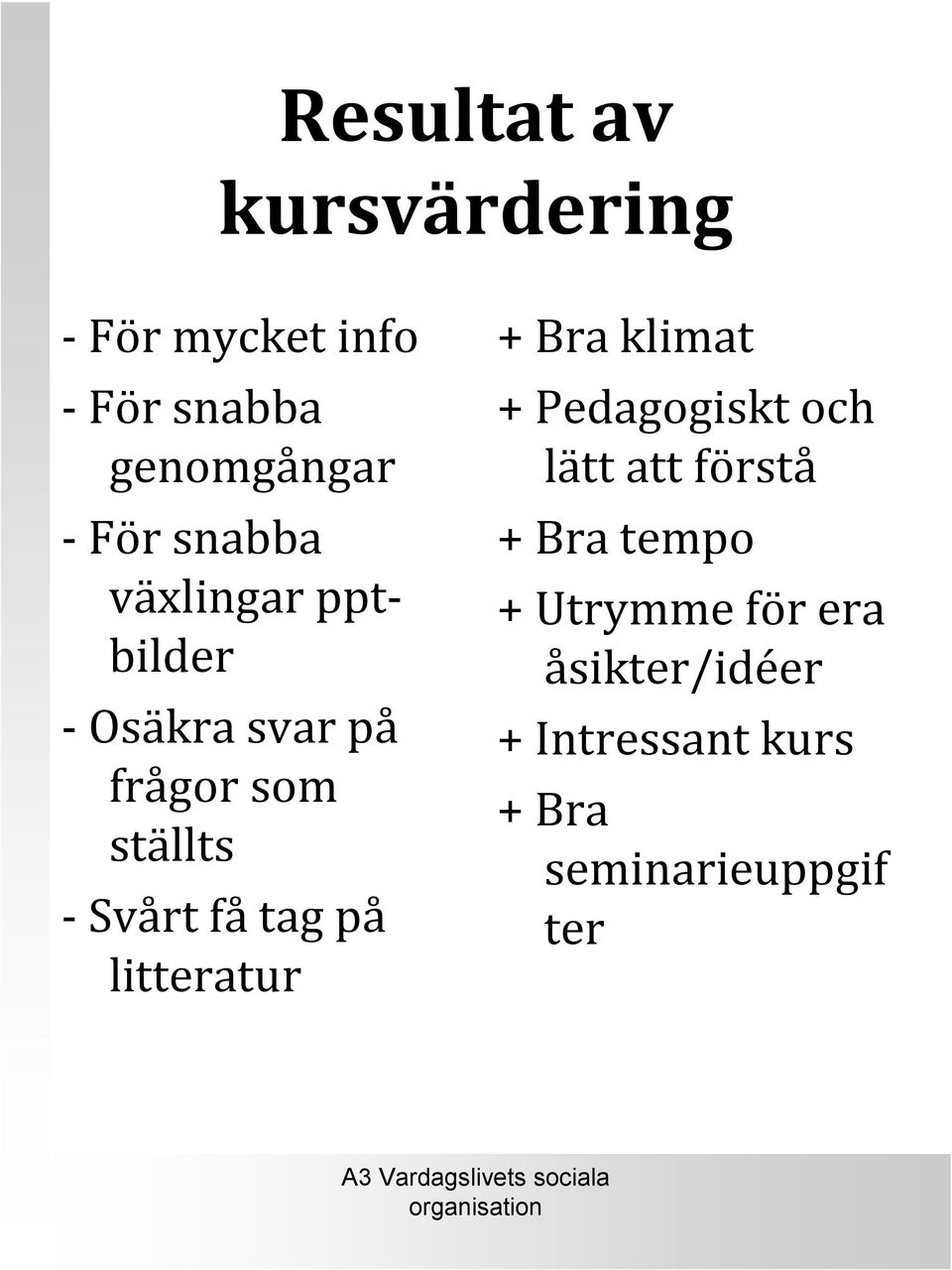 tag på litteratur + Bra klimat + Pedagogiskt och lätt att förstå + Bra