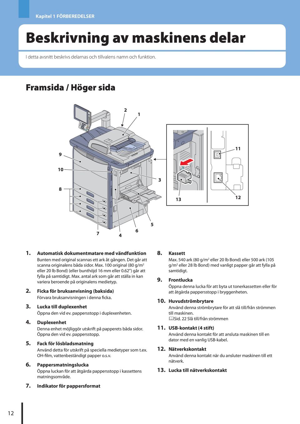 0 6 ) går att fylla på samtidigt Max antal ark som går att ställa in kan variera beroende på originalens medietyp. Ficka för bruksanvisning (baksida) Förvara bruksanvisningen i denna ficka.