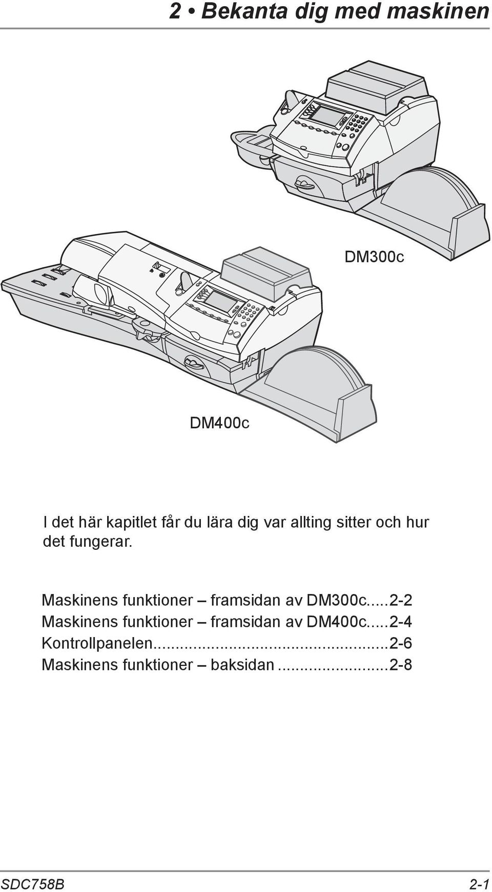 Maskinens funktioner framsidan av DM300c.