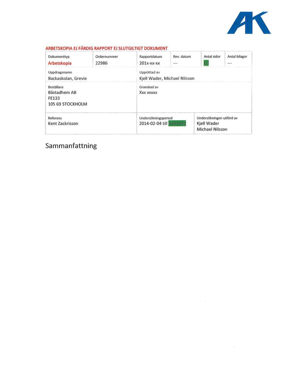 datum Antal sidor Antal bilagor Uppdragsnamn Backaskolan, Grevie 1 Beställare Båstadhem AB FE133 105 69