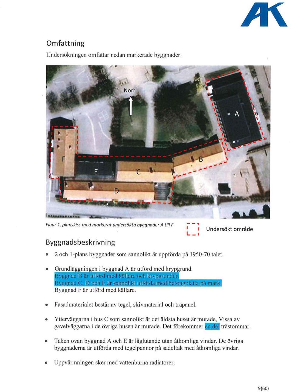 1950-70 talet. Byggnad F är utförd med källare. Fasadmaterialet består av tegel, skivmaterial och träpanel.