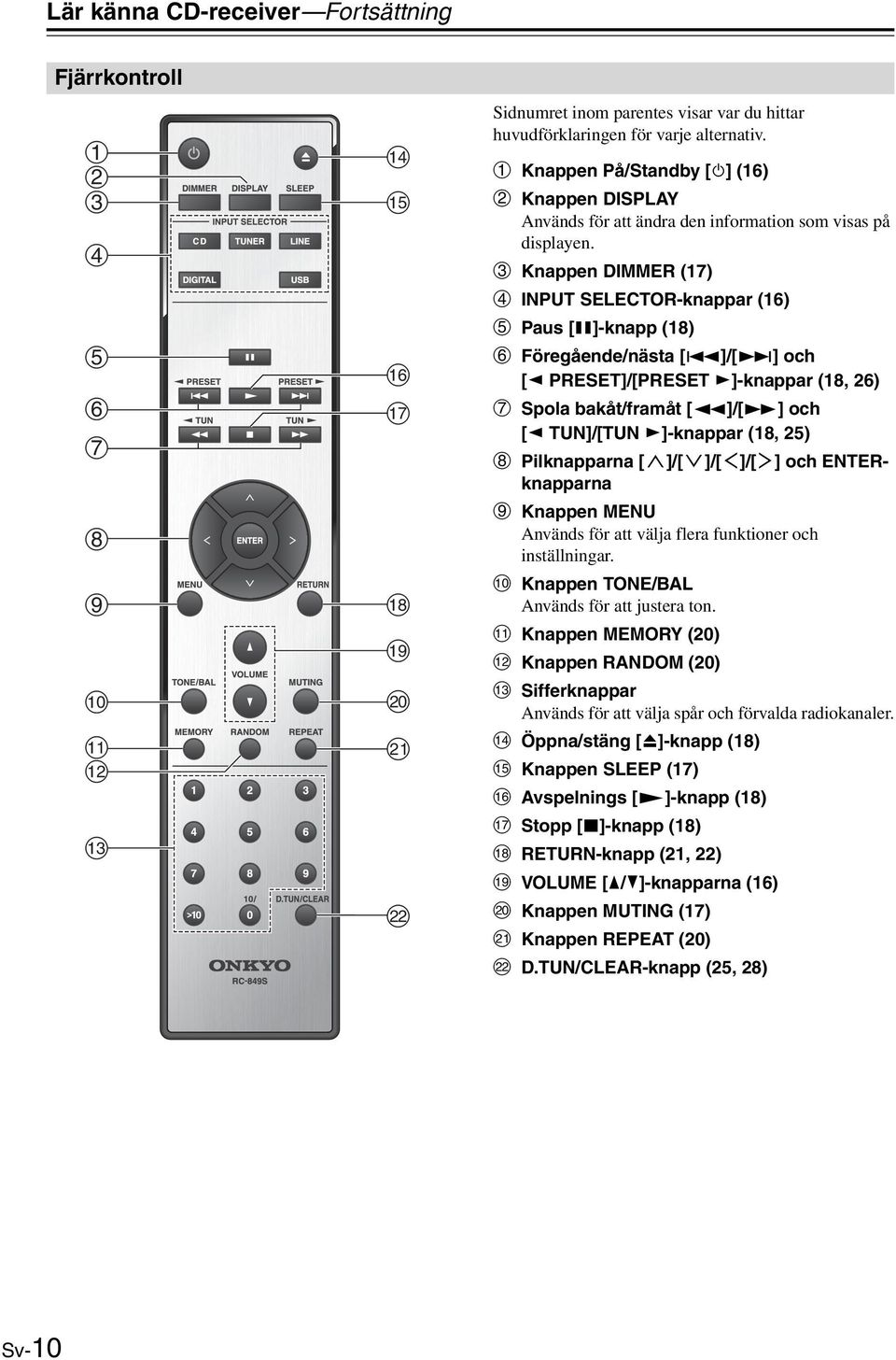 Knappen DIMMER (7) INPUT SELECTOR-knappar (6) Paus []-knapp (8) Föregående/nästa []/[] och [ PRESET]/[PRESET ]-knappar (8, 6) Spola bakåt/framåt []/[] och [ TUN]/[TUN ]-knappar (8, 5) Pilknapparna