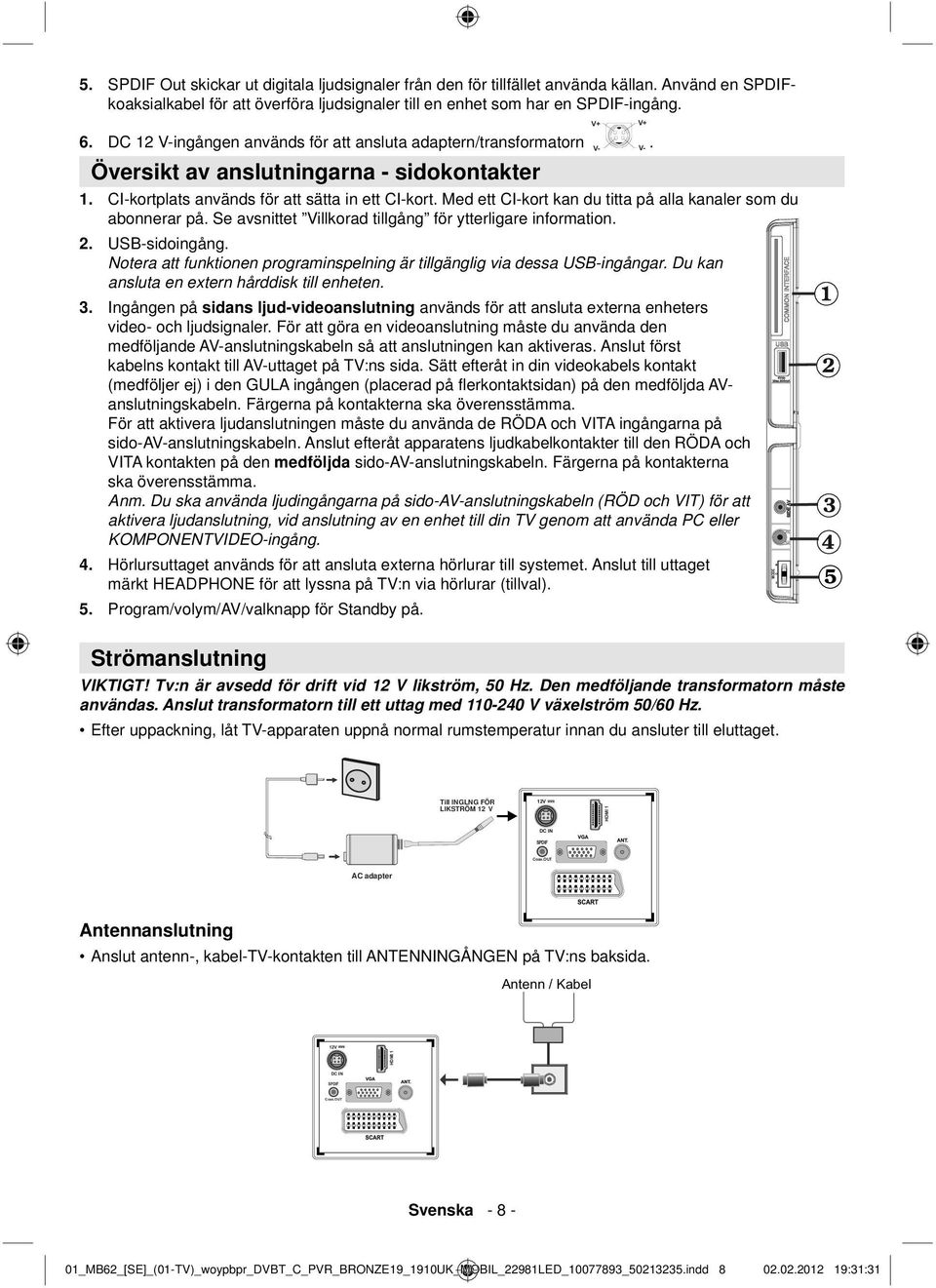 Med ett CI-kort kan du titta på alla kanaler som du abonnerar på. Se avsnittet Villkorad tillgång för ytterligare information. 2. USB-sidoingång.