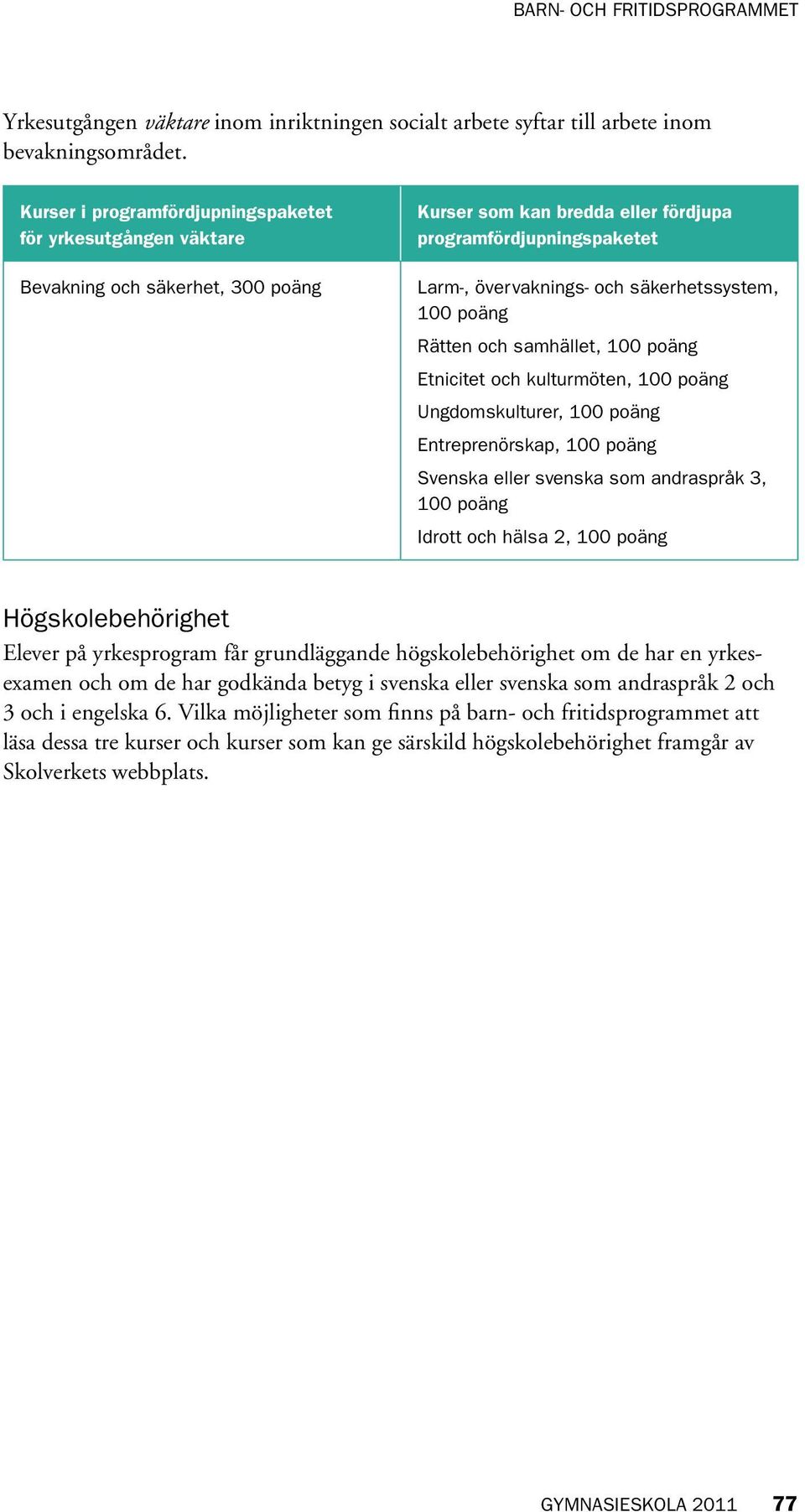 säkerhetssystem, 100 poäng Rätten och samhället, 100 poäng Etnicitet och kulturmöten, 100 poäng Ungdomskulturer, 100 poäng Entreprenörskap, 100 poäng Svenska eller svenska som andraspråk 3, 100 poäng