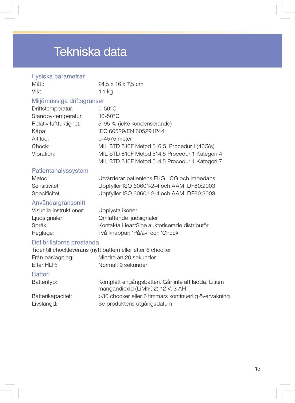 5 Procedur 1 Kategori 7 Patientanalyssystem Metod: Sensitivitet: Specificitet: Användargränssnitt Visuella instruktioner: Ljudsignaler: Språk: Reglage: Utvärderar patientens EKG, ICG och impedans