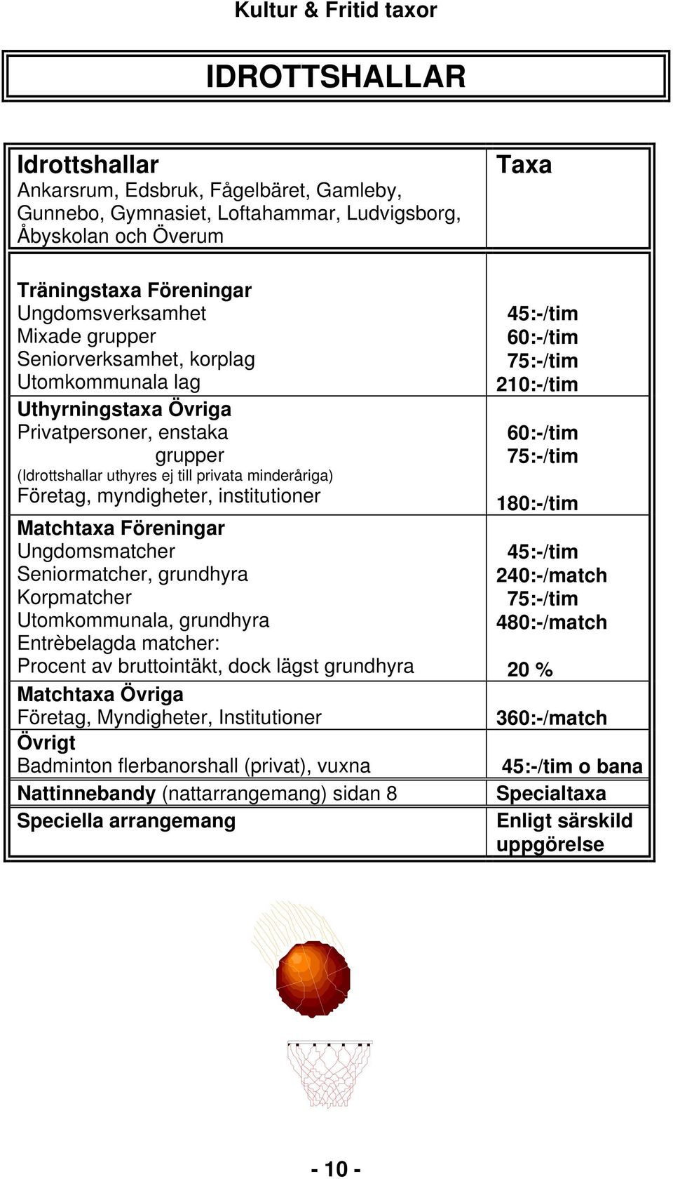 Föreningar Ungdomsmatcher Seniormatcher, grundhyra Korpmatcher Utomkommunala, grundhyra Entrèbelagda matcher: Procent av bruttointäkt, dock lägst grundhyra Matchtaxa Övriga Företag, Myndigheter,