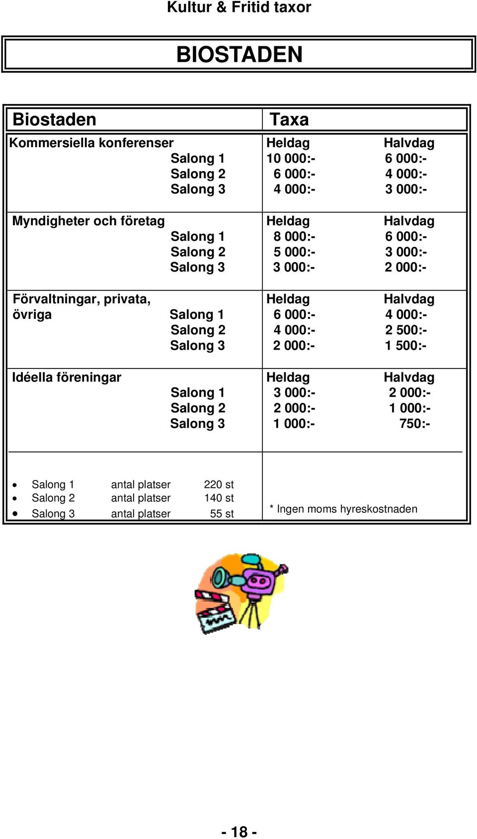 000:- 2 000:- Heldag Halvdag 6 000:- 4 000:- 4 000:- 2 500:- 2 000:- 1 500:- Idéella föreningar Salong 1 Salong 2 Salong 3 Heldag Halvdag 3 000:- 2