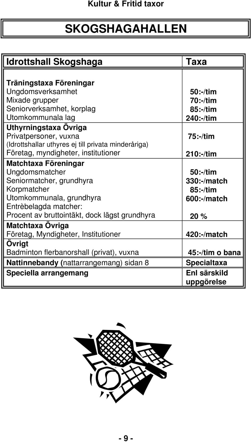 Entrèbelagda matcher: Procent av bruttointäkt, dock lägst grundhyra Matchtaxa Övriga Företag, Myndigheter, Institutioner Övrigt Badminton flerbanorshall (privat), vuxna Nattinnebandy