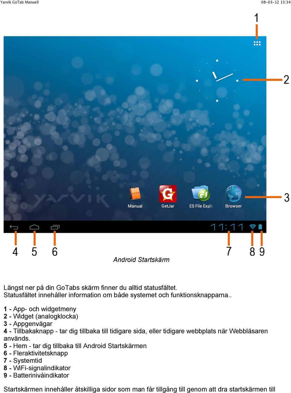 . 1 - App- och widgetmeny 2 - Widget (analogklocka) 3 - Appgenvägar 4 - Tillbakaknapp - tar dig tillbaka till tidigare sida, eller tidigare webbplats