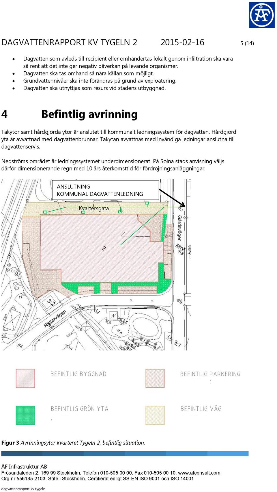 4 Befintlig avrinning Takytor samt hårdgjorda ytor är anslutet till kommunalt ledningssystem för dagvatten. Hårdgjord yta är avvattnad med dagvattenbrunnar.