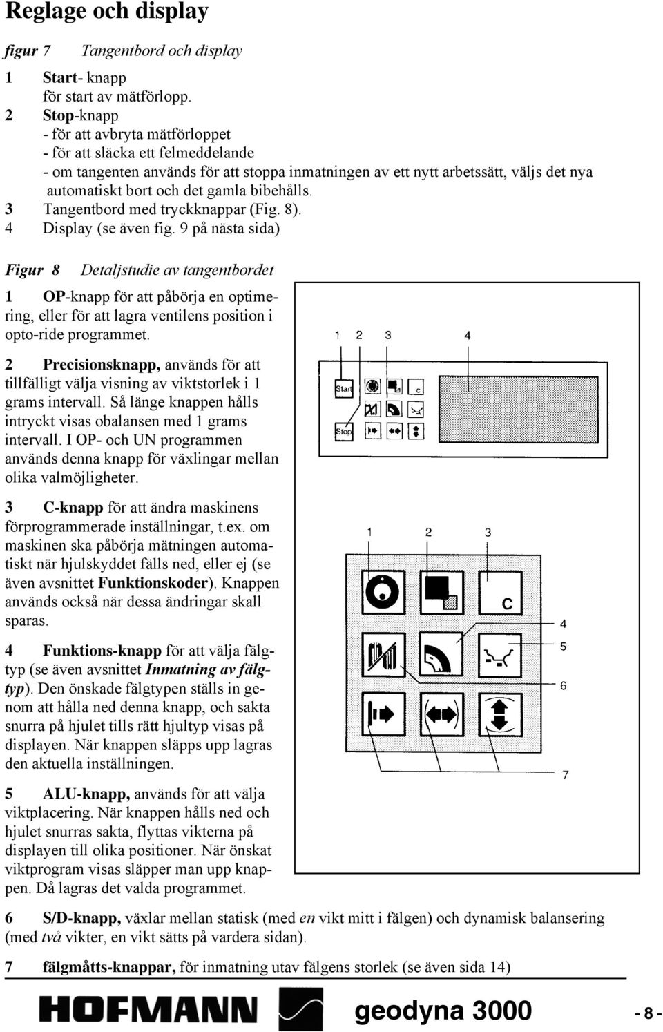 bibehålls. 3 Tangentbord med tryckknappar (Fig. 8). 4 Display (se även fig.