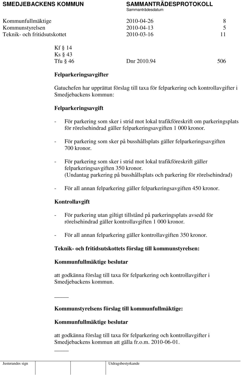 trafikföreskrift om parkeringsplats för rörelsehindrad gäller felparkeringsavgiften 1 000 kronor. - För parkering som sker på busshållsplats gäller felparkeringsavgiften 700 kronor.