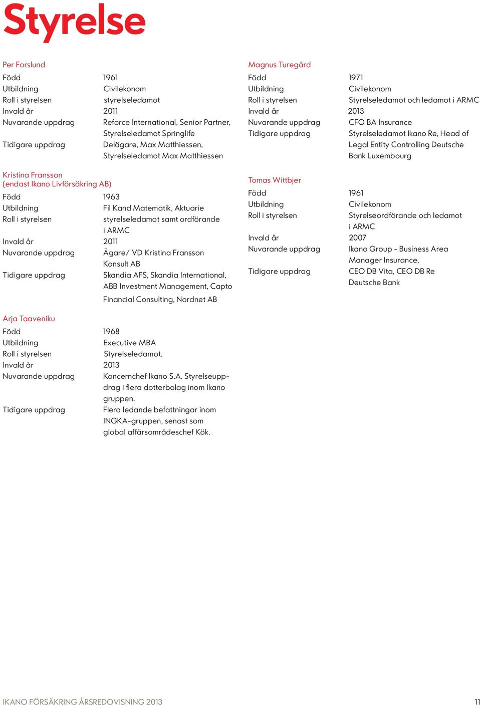 styrelseledamot samt ordförande i ARMC Invald år 2011 Nuvarande uppdrag Ägare/ VD Kristina Fransson Konsult AB Tidigare uppdrag Skandia AFS, Skandia International, ABB Investment Management, Capto