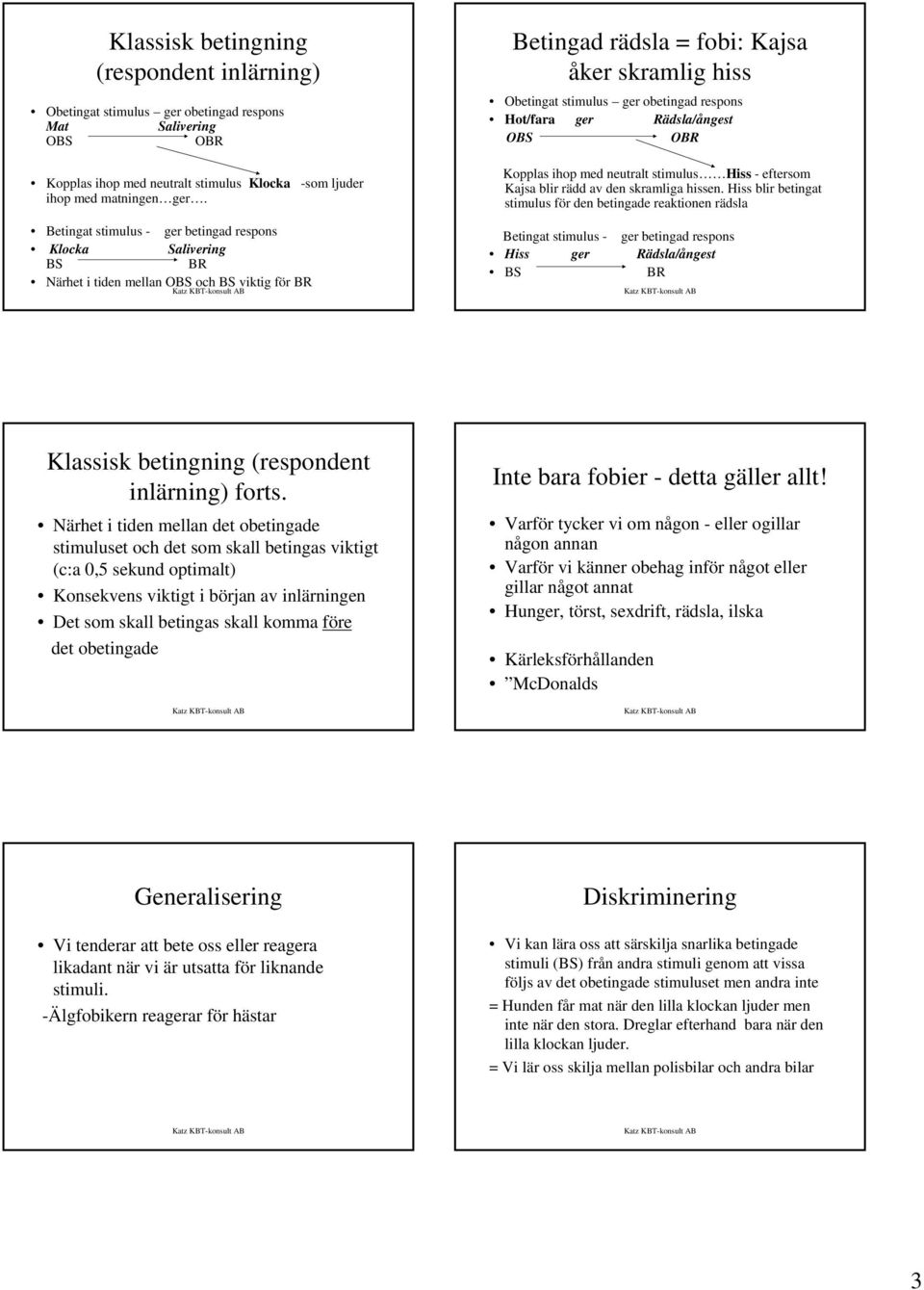 respons Hot/fara ger Rädsla/ångest OBS OBR Kopplas ihop med neutralt stimulus Hiss -eftersom Kajsa blir rädd av den skramliga hissen.