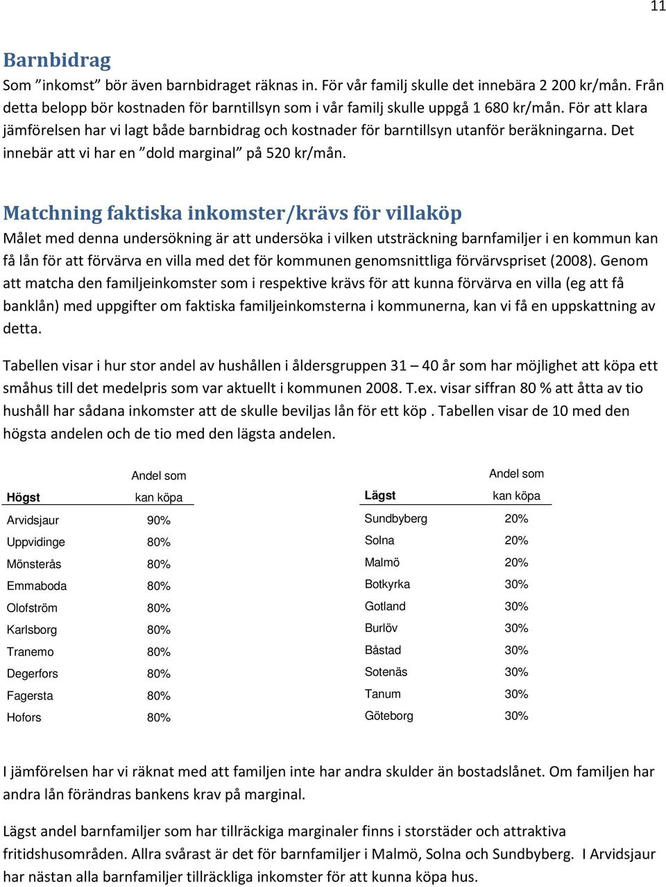 Matchning faktiska inkomster/krävs för villaköp Målet med denna undersökning är att undersöka i vilken utsträckning barnfamiljer i en kommun kan få lån för att förvärva en villa med det för kommunen