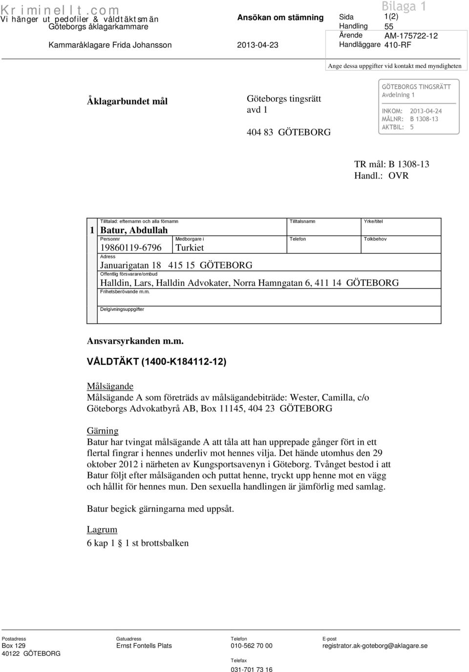 : OVR Tilltalad: efternamn och alla förnamn Tilltalsnamn Yrke/titel 1 Batur, Abdullah Personnr Medborgare i Telefon Tolkbehov 19860119-6796 Turkiet Adress Januarigatan 18 415 15 GÖTEBORG Offentlig