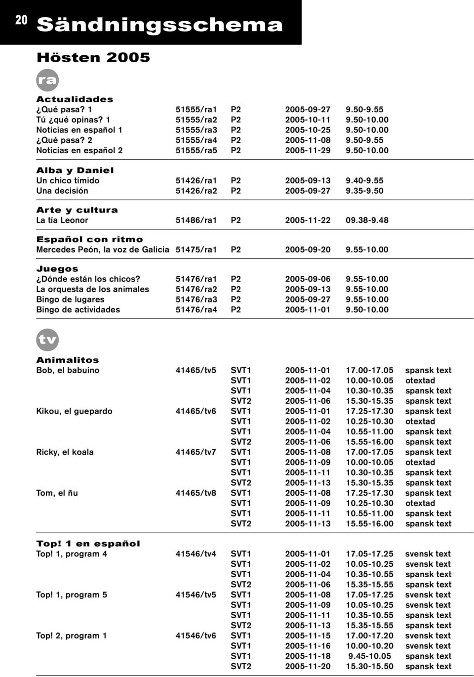 35-9.50 Arte y cultura La tía Leonor 51486/ra1 P2 2005-11-22 09.38-9.48 Español con ritmo Mercedes Peón, la voz de Galicia 51475/ra1 P2 2005-09-20 9.55-10.00 Juegos Dónde están los chicos?